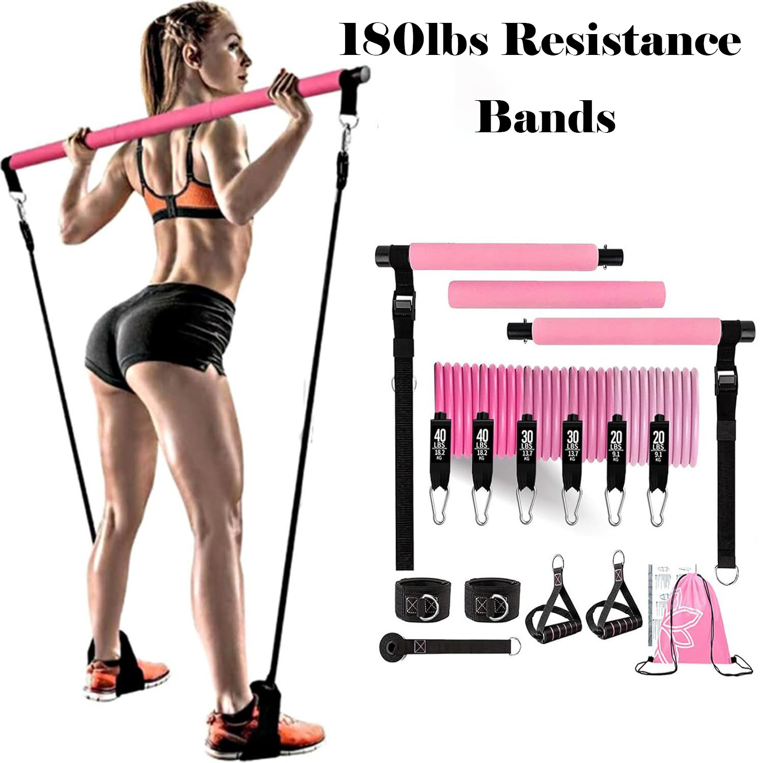 180lbs Resistance Bands with A - огляд і ціна Pilates Bar Kit With Resistance Bands